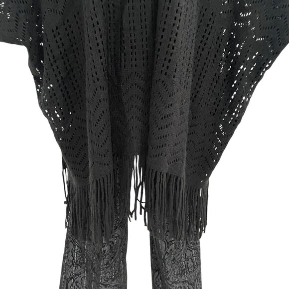 Bebe Blk Knit Poncho Fringe Boho Chic Open Front Lightweight Cover-Up Festival - Picture 5 of 9